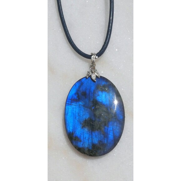 Big Blue Spectrolite Labradorite - Sterling Silver Botanical Blue Cord Necklace - Picture 2 of 5
